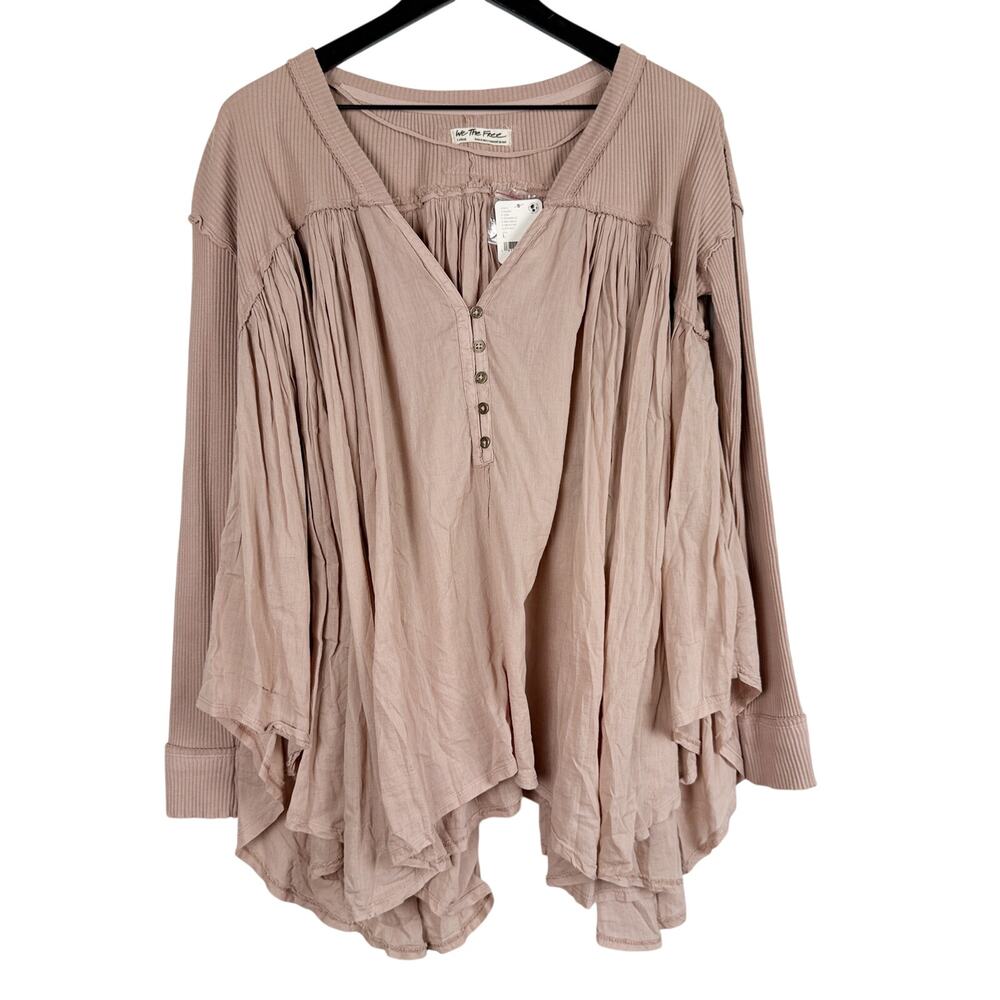 New Free People We The Free Lyrical Tunic Shirt Henley Beige - L